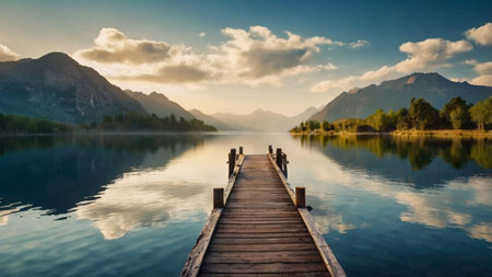 Wooden pier on the lake at sunrise. Beautiful summer landscape.の写真素材