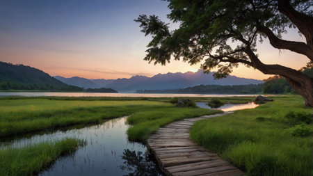 Landscape view of lake and mountain at sunset in the morning.の写真素材