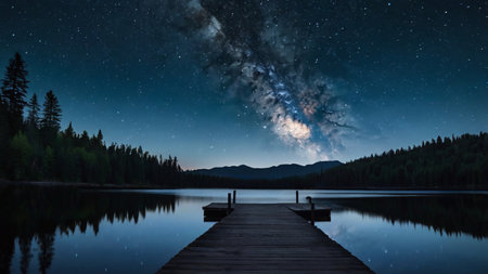 Milky Way over a lake in the mountains. Long exposure.