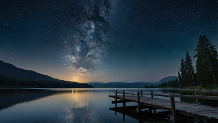 Milky way over the lake at night with starry sky.の写真素材
