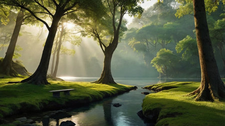 Beautiful landscape of green forest and river in morning time at japanの写真素材