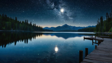 Mountain lake at night. Starry sky reflected in water.の写真素材