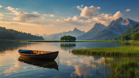 Boat on the shore of a mountain lake at sunrise, Bavaria, Germanyの写真素材
