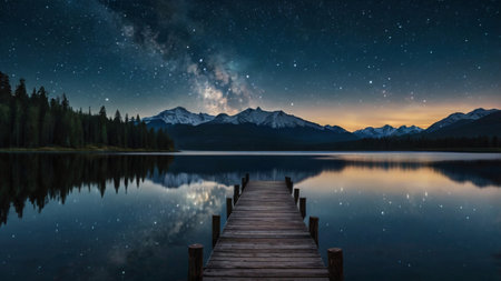 Mountain lake with starry sky and wood pier at night.の写真素材