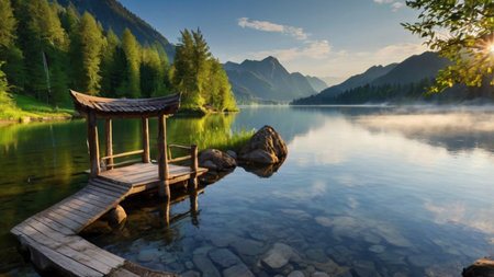 Beautiful lake in the mountains in the morning. Landscape.の写真素材