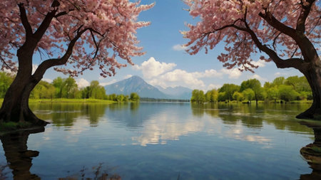 cherry blossom and lake in the spring time with mountain backgroundの写真素材