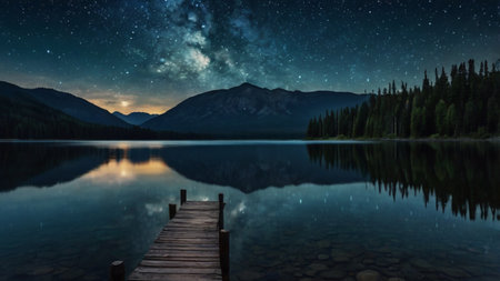 Milky Way over a lake in the mountains. Night landscape.の写真素材