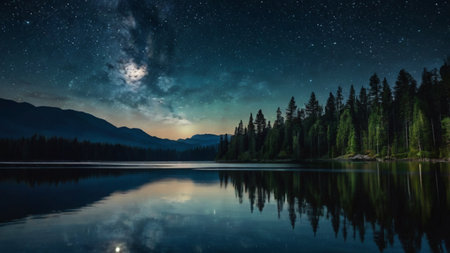 Mountain lake at night with starry sky and milky wayの写真素材