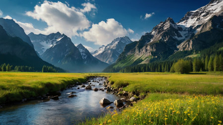 Panoramic view of the mountain river in the valley. Altai, Russiaの写真素材