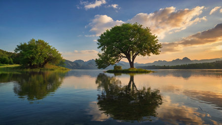Lonely tree on the lake at sunset. Beautiful landscape.の写真素材