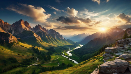 Panoramic view of Dolomites at sunrise, Italy.の写真素材