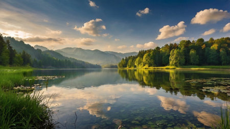 Panoramic view of Bohinj lake, Slovenia, Europeの写真素材