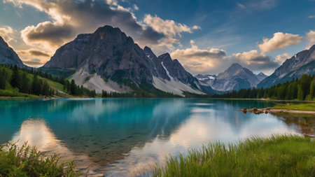 Panorama of Moraine lake in Banff National Park, Canadaの写真素材