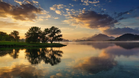 Beautiful landscape image of sunrise over the lake with reflection in water