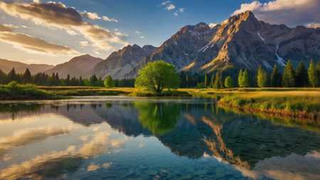 panorama of alpine lake with reflection of mountains in the waterの写真素材