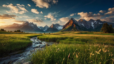 Mountain landscape with river and meadow at sunset. Beautiful nature backgroundの写真素材