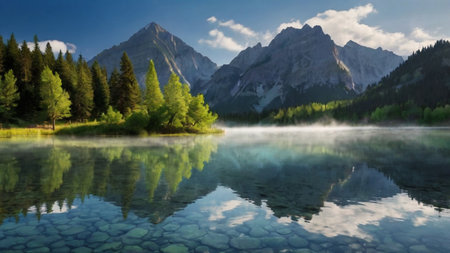 Foggy morning at the lake in the Dolomites, Italyの写真素材