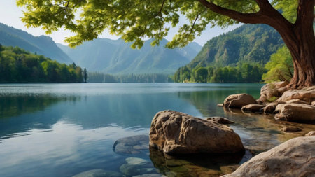 Landscape view of a beautiful lake with a tree and mountains in the backgroundの写真素材