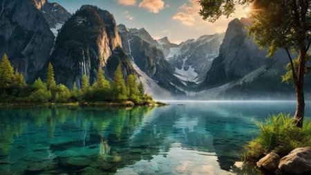 Panoramic view of alpine lake with reflection in water at sunsetの写真素材