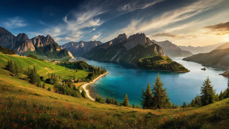 Panoramic view of the lake and mountains in Dolomites, Italyの写真素材