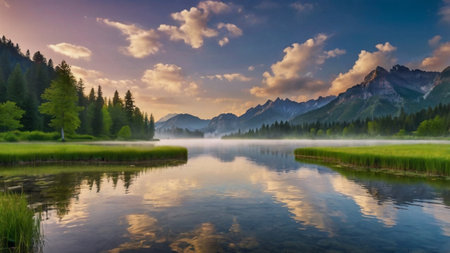 Panoramic view of the lake in the mountains at sunrise.の写真素材