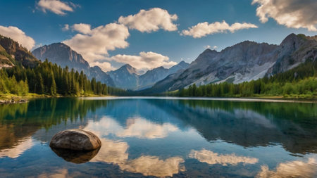 A panoramic view of a lake in the Dolomites