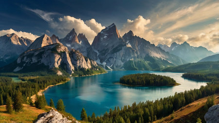 Panoramic view of the lake in the mountains