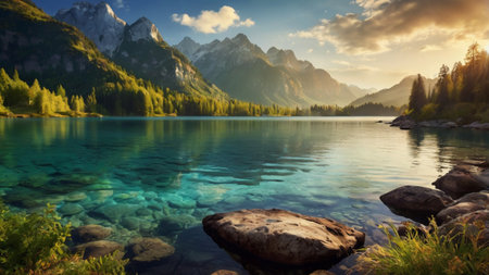 Idyllic summer landscape. Mountain lake in the Dolomites.の写真素材