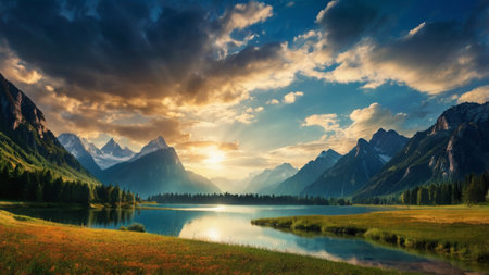 Mountain lake in the mountains at sunset. Colorful summer landscape.の写真素材