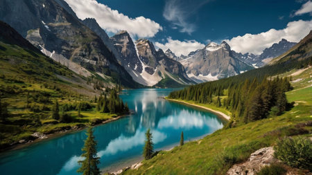 Beautiful panoramic view of Lake Moraine in the Canadian Rockiesの写真素材