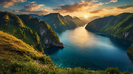 Panoramic view of the lake in the mountains at sunset.の写真素材