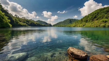 Landscape view of lake and mountain with blue sky and cloud.の写真素材