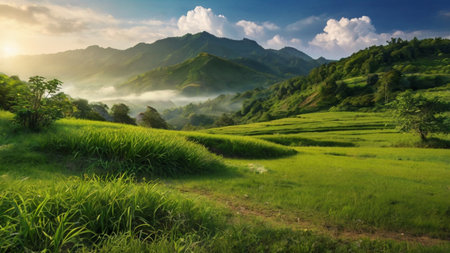 Panorama of rice terraces at sunset in Bali, Indonesiaの写真素材