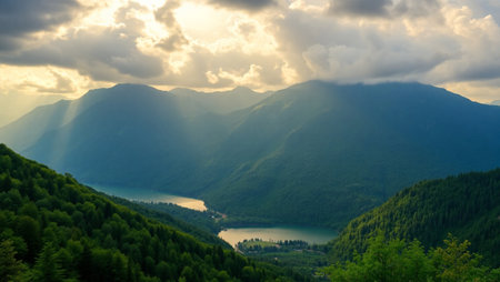 Beautiful mountain landscape with lake and forest at sunset, Carpathians, Ukraine