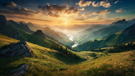 Panoramic view of Dolomites mountains at sunset, Italy