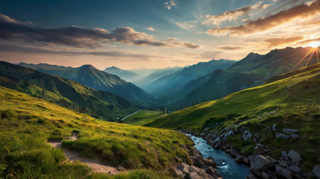 Rice field and blue sky with reflection in the river at sunsetの写真素材
