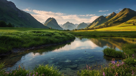 Beautiful summer landscape in the mountains. The river flows through the valley.の写真素材