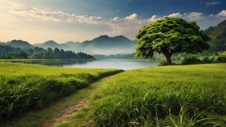 Landscape of green rice field and tree in the morning with mountain backgroundの写真素材