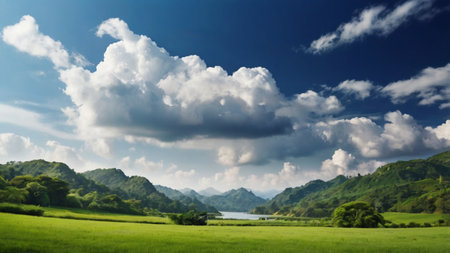 Landscape of green field and mountain with blue sky and white cloudsの写真素材