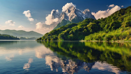 Mountain landscape with lake and forest. Panoramic view.の写真素材