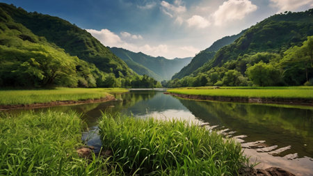 Beautiful mountain landscape with lake and reflection of peaksの写真素材