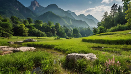 Wooden walkway in the park with sun light and green grassの写真素材