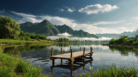 Landscape view of a lake and mountains in the morning with fogの写真素材