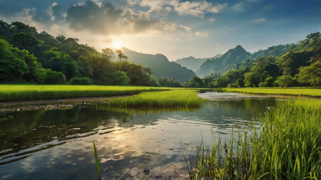 Rice field and river in the morning,Vietnam.の写真素材