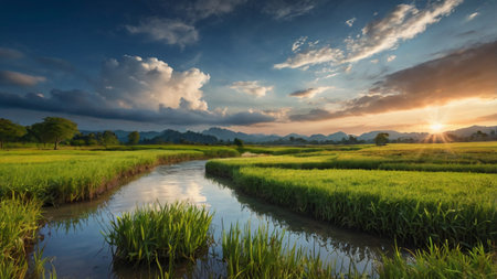 Sunset over rice field in Bali, Indonesia. Nature backgroundの写真素材