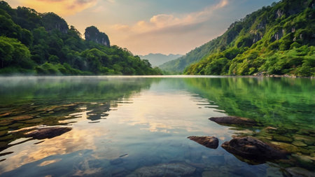Beautiful morning landscape of mountain lake with clear water and forest.の写真素材