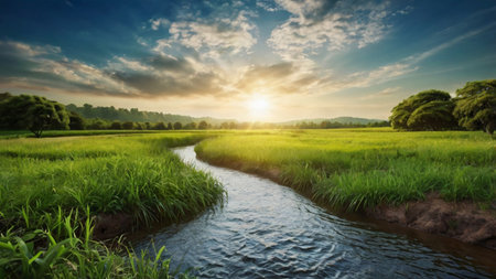 Panorama of rice field and river at sunset in rural of Thailandの写真素材