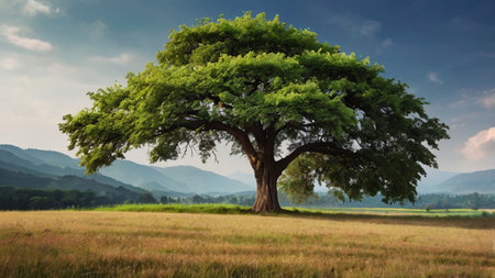 Big tree in the meadow with mountain and blue sky background.の写真素材