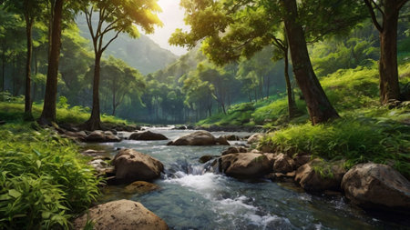 Mountain river in the forest. Beautiful nature landscape with a mountain river.の写真素材