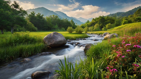 Mountain river landscape with green grass and rocks in the foreground.